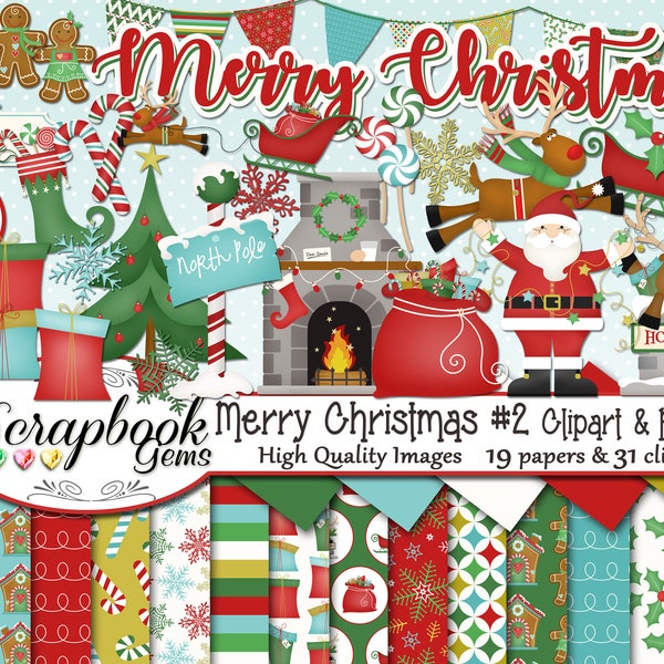 MERRY CHRISTMAS SET#2 Clipart and Papers Kit, 31 png Clip Arts, 19 jpeg Papers Instant Download santa reindeer sleigh fireplace winter gift