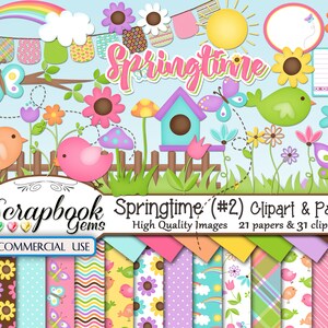 SPRINGTIME #2 Clipart & Papers Kit, 31 png Clipart Dateien, 21 jpeg Papierdateien, Instant Download Frühling Ostern Marienkäfer Garten Garten Garten Schmetterling
