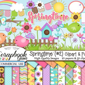 SPRINGTIME 2 Clipart & Papers Kit, 31 png Clipart files, 21 jpeg Paper files, Instant Download spring easter ladybuy garden yard butterfly image 1