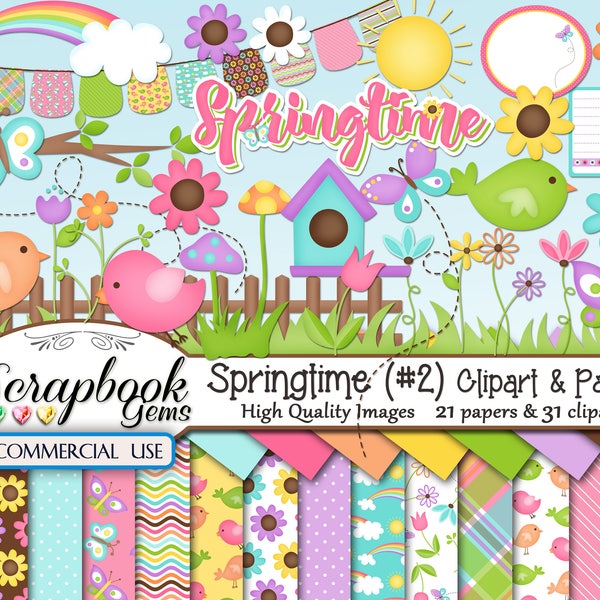 SPRINGTIME #2 Clipart & Papers Kit, 31 png Clipart files, 21 jpeg Paper files, Instant Download spring easter ladybuy garden yard butterfly