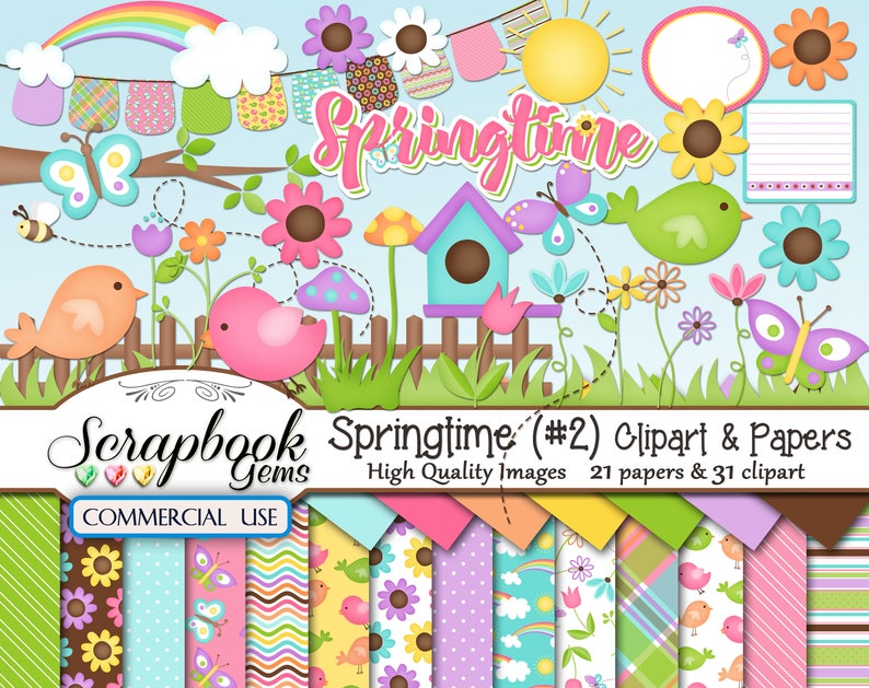 SPRINGTIME 2 Clipart & Papers Kit, 31 png Clipart files, 21 jpeg Paper files, Instant Download spring easter ladybuy garden yard butterfly image 1