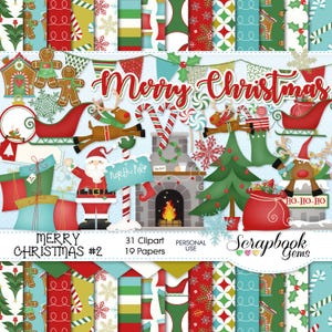 MERRY CHRISTMAS SET#2 Clipart und Papiere Kit, 31 png Clip arts, 19 jpeg Papiere Sofort Download santa Rentierschlitten Kamin Winter Geschenk