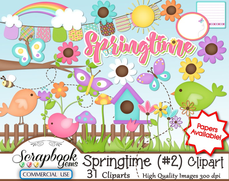 SPRINGTIME 2 Clipart & Papers Kit, 31 png Clipart files, 21 jpeg Paper files, Instant Download spring easter ladybuy garden yard butterfly image 3