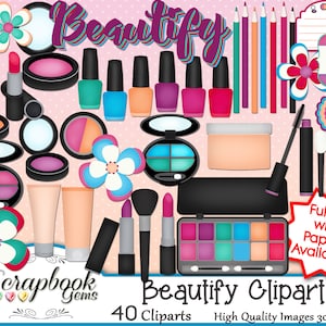 May include: A set of 40 digital clipart images featuring makeup and beauty products. The images include lipstick, eyeshadow palettes, nail polish, blush, foundation, brushes, and more. The images are in a cartoon style and are perfect for scrapbooking, card making, and other craft projects.