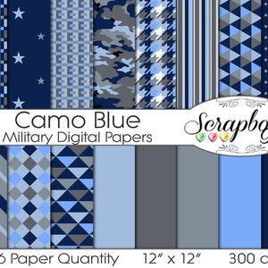Camouflage Blue Military Digital Papers, 16 Pieces, 12&quot; x 12&quot;, High Quality JPEG files, Instant Download Commercial Scrapbook hunting