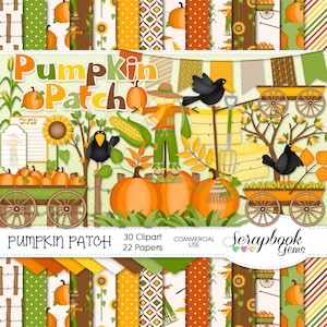 PUMPKIN PATCH Clipart and Papers Kit, 30 png Clip Arts, 22 jpeg Papers Instant Download autumn fall halloween crow scarecrow hay bale corn