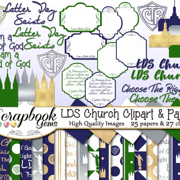 LDS CHURCH Clipart and Papers Kit, 27 png Clip arts, 25 jpeg Papers Instant Download ctr choose the right church of jesus christ of latter
