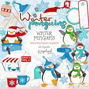WINTER PENGUINS Clipart, 26 png Clipart files Instant Download igloo skiing skis skates sled cocoa snowball snowflake winter snowball flurry