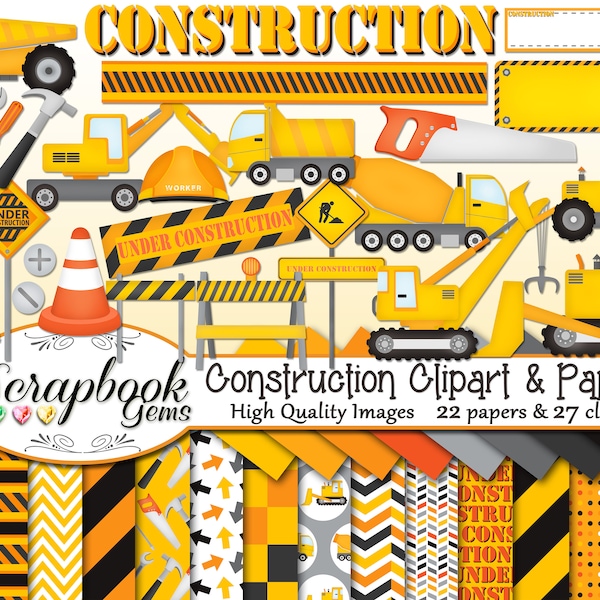 CONSTRUCTION Clipart and Papers Kit, 27 png Clip arts, 22 jpeg Papers Instant Download tractor crane cone bulldozer tools hammer screwdriver