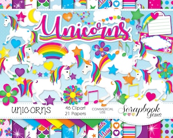 UNICORNS Clipart and Papers Kit, 46 png Clip Arts, 21 jpeg Papers Instant Download magical horse magic rainbow sparkle little girl birthday