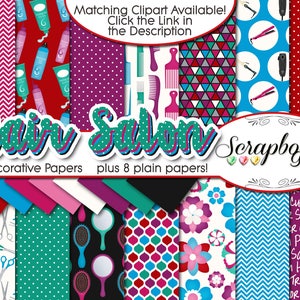 May include: A collection of 14 decorative and 8 plain scrapbook papers with a hair salon theme. The papers feature patterns of scissors, hair products, combs, and floral designs. The words "Hair Salon" and "Scrapbook Gems" are displayed.