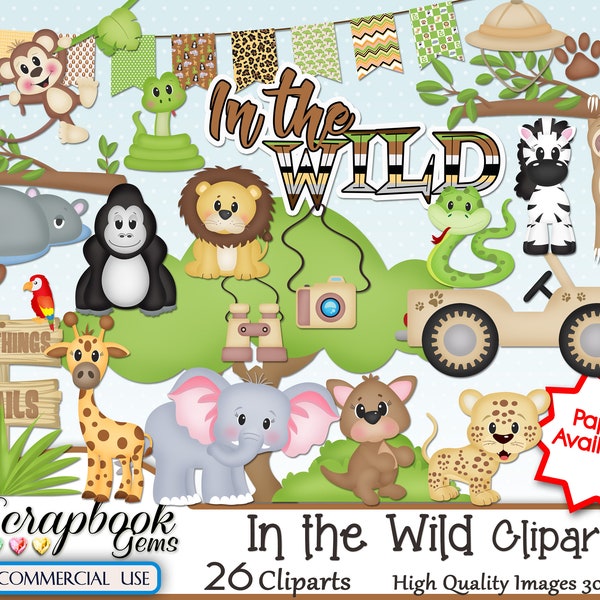 IN THE WILD Clipart, 26 png Clipart files, Instant Download, zoo, safari, giraffe, gorilla, lion, elephant, kangaroo, leopard, jaguar jungle