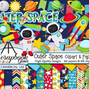 OUTER SPACE Clipart & Papers Kit, 26 png Clipart files, 20 jpeg Paper files, Instant Download, planets, solar system, astronaut, rocket ship image 1