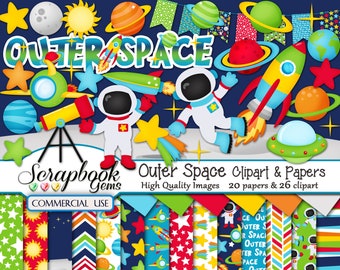 OUTER SPACE Clipart & Papers Kit, 26 png Clipart files, 20 jpeg Paper files, Instant Download, planets, solar system, astronaut, rocket ship