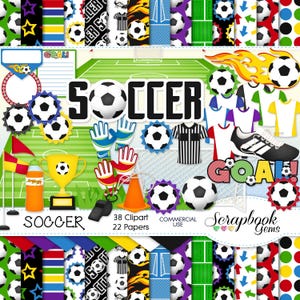 VOETBAL Clipart and Papers Kit, 38 png Clip Arts, 22 jpeg Papers Instant Download doelpaal net voetbal vlam trofee vlag sport futbol