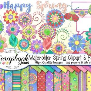 Puede incluir: Un paquete de papel digital para scrapbooking con 24 papeles y 26 imágenes de clipart que representan flores de acuarela en tonos de rosa, azul, verde, amarillo y rojo. El texto "Happy Spring" y "Scrapbook Gems" está incluido en la imagen.