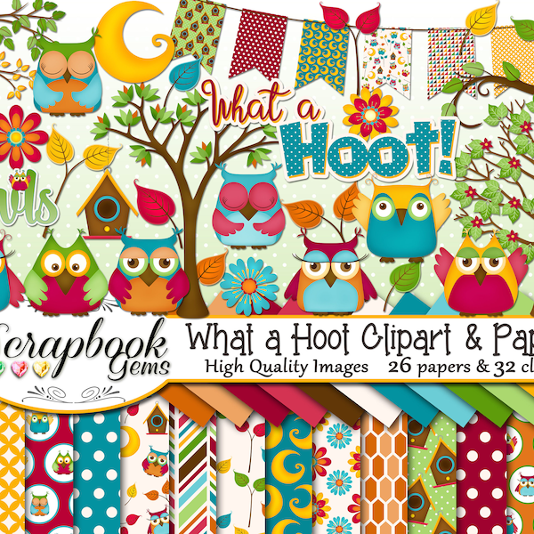 WHAT A HOOT OWL Clipart and Papers Kit, 32 png Clip Arts, 26 jpeg Papers Instant Download leaves autumn owls birds tree birdhouse moon fall