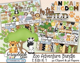 May include: A digital scrapbooking kit with a jungle theme. The kit includes 52 clipart images and 36 papers. The clipart features animals like a zebra, tiger, koala, and a flamingo. The papers feature jungle animal prints, such as zebra stripes, leopard spots, and camouflage.
