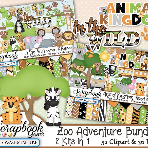 ZOO ADVENTURE BUNDLE - 2 Kits in 1, 52 Cliparts & 36 Papers, Instant Download, wild animals, jungle, safari, zoo train, leopard, tiger, lion