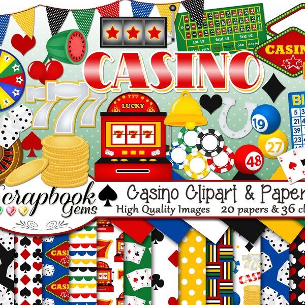 CASINO Clipart and Papers Kit, 36 png Clip Arts, 20 jpeg Papers Instant Download gamble gambling las vegas atlantic city slot machine poker