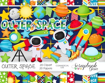 OUTER SPACE Clipart & Papers Kit, 26 png Clipart files, 20 jpeg Paper files, Instant Download, planets, solar system, astronaut, rocket ship
