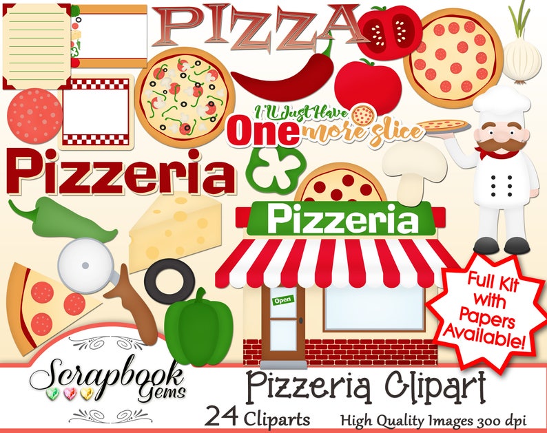 Op de afbeelding: Een set van 24 digitale clipart-afbeeldingen met een pizzeria-thema. De clipart bevat een rood-wit gestreept luifel, een pizzabakker, een pizzapunt, een pizzadoos, een peper, een champignon, een lente-ui, een pizzaoven en een bord met de tekst "Pizzeria".