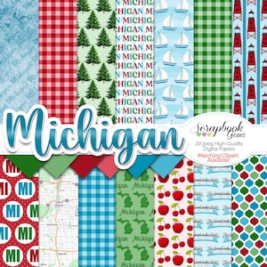 May include: A digital paper pack with 20 high-quality designs featuring Michigan-themed patterns. The patterns include red and white gingham, blue and white gingham, green trees, cherries, sailboats, lighthouses, and a map of Michigan. The text "Michigan" is written in large, blue letters with a red outline.