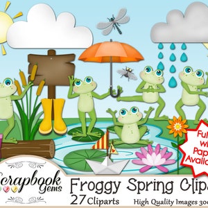 Könnte beinhalten: Digitale Illustration mit Cartoon-Fröschen in einer Frühlingsszene. Das Bild enthält Frösche, einen orangefarbenen Regenschirm, Regen, eine Sonne, Wolken und den Text "Froggy Spring Clipart". Weitere Elemente sind eine Libelle, Stiefel und ein rosa Regenschirm.