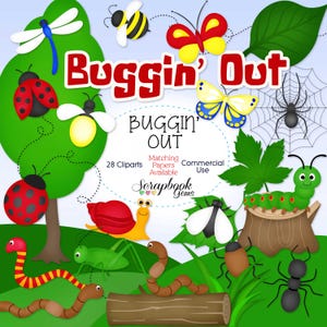 May include: A set of 28 colorful cartoon bug clip art images, including ladybugs, butterflies, caterpillars, ants, spiders, fireflies, snails, and worms. The text "Buggin' Out" is in red letters with a white outline. The text "Buggin' Out" is in red letters with a white outline. The text "Matching Papers Available" and "Commercial Use" are also included.