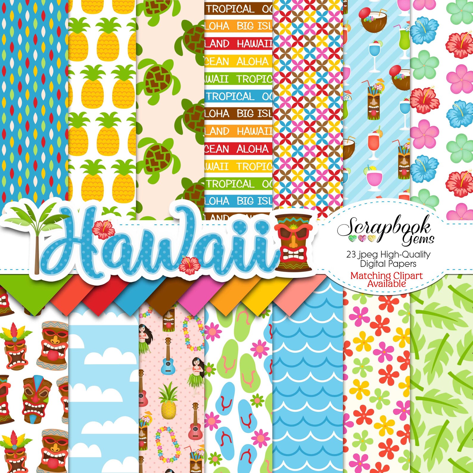 HAWAII Clipart and Papers Kit, 33 Png Clip Arts, 23 Jpeg Papers Instant ...