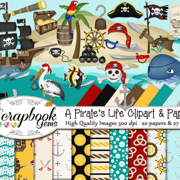 Un la vie des cliparts de PIRATE & Kit de papiers, 27 png Clip arts, jpeg 20 papiers Téléchargement instantané crâne océan mer baleine bateaux nautique Trésor d’or