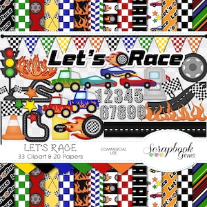LET'S RACE Clipart and Papers Kit, 33 png Clip arts, 20 jpeg Papers Instant Download straat, wegrace, pick-up, geblokte vlag, baan