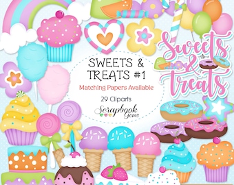 SWEETS & TREATS #1 Clipart, 29 png Clipart files, Instant Download, balloon, cupcake, cake, ice cream cone, doughnut, donut, candy, rainbow