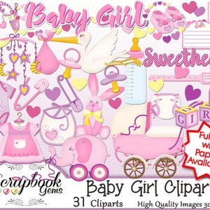 BABY GIRL Clipart, 31 png Clipart Dateien Instant Download Kinderwagen Blöcke Kleid Rassel Flasche Binky Schnuller Mond Herzen Storch Booties