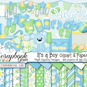 IT'S A BOY Clipart & Papers Kit, 33 png Clipart-bestanden, 20 jpeg Paper-bestanden, Instant Download, babyjongen, babyshower, rammelaar, wieg, fopspeen