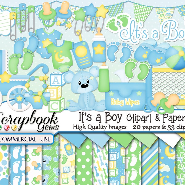 IT'S A BOY Clipart & Papers Kit, 33 png Clipart files, 20 jpeg Paper files, Instant Download, baby boy, baby shower, rattle, crib, pacifier