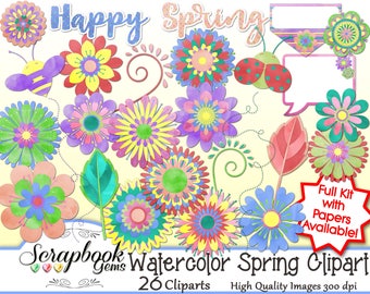 AQUARELLE printemps Clipart, 26 png fichiers Clipart Téléchargement instantané printemps coccinelle feuille feuilles fleurs abeille volant bugs insectes couleurs tags