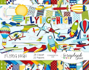 FLYING HIGH Clipart en Papers Kit, 28 png Clip Arts, 22 jpeg Papers Instant Download vliegtuig helikopter heteluchtballon jet raket zeppelin