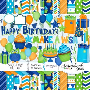 GEBURTSTAG Set #2 Clipart und Papiere Kit, 36 png Clip arts, 20 jpeg Papiere Sofort Download party Parties Ballon Kuchen Cupcake Geschenk Kerzen