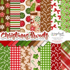 DOCES DE NATAL Papéis digitais, 24 peças, 12" x 12", JPEGs de alta qualidade, download instantâneo, laços, fita, bastão de doces, pão de gengibre, biscoito