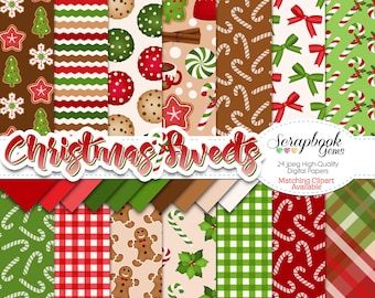May include: A collection of Christmas-themed digital papers with various patterns. Designs include gingerbread men, candy canes, cookies, and Christmas trees. The text "Christmas Sweets" is displayed in a festive font. The papers are high-quality and available for digital use.