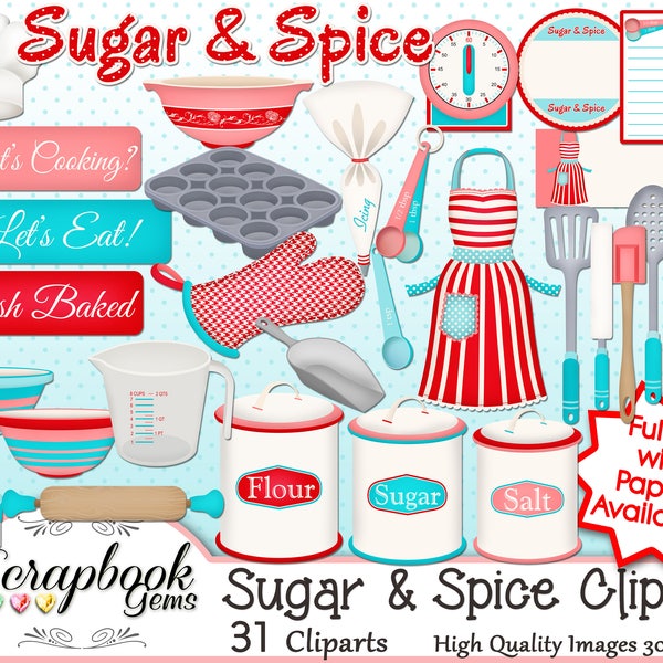 SUGAR & SPICE Clipart, 31 png Clipart files Instant Download tags kitchen cooking baking chef bowls measuring cup flour sugar salt cook bake