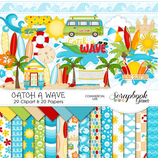 CATCH A WAVE Clipart & Papers Kit, 29 png Clipart files, 20 jpeg Paper files, Instant Download, surf board, surfing, beach, waves, vw van
