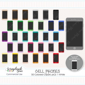 Puede incluir: Una colección de 30 imágenes prediseñadas de teléfonos móviles de colores, más una blanca, en varios colores, incluyendo dorado, verde, azul, morado, rosa, naranja y rojo. La imagen también incluye un teléfono móvil gris grande y el texto "CELL PHONES".