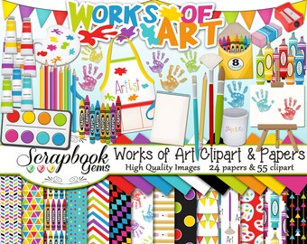 WORKS OF ART Clipart and Papers Kit, 55 png Clip arts, 24 jpeg Papers Instant Download crayon paint brush colors easel palette school pencil