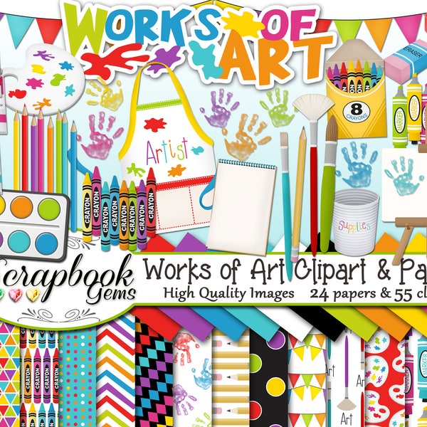 WORKS OF ART Clipart and Papers Kit, 55 png Clip arts, 24 jpeg Papers Instant Download crayon paint brush colors easel palette school pencil