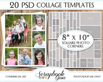 TWENTY (20) 8" x 10" Digital Photo Collages / Storyboard Templates, PSD Format, Photo Scrapbook Template Collage