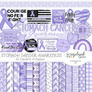 Könnte beinhalten: Ein digitales Scrapbook-Kit mit lila Thema, das sich dem Thema Magenkrebs-Aufklärung widmet. Es enthält Bänder, Texte wie "Courage No Fear Fight" und gemusterte Papiere. Das Kit ist für den kommerziellen Gebrauch bestimmt.