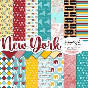 NEW YORK State Digital Papers, 20 pezzi, 12" x 12", JPEG di alta qualità, download immediato, I heart new york, stelle, broadway, schema dello stato