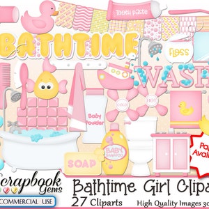 BATHTIME GIRL Clipart, 27 png Fichiers Clipart, Téléchargement instantané, bébé, petite fille, baignoire, lavabo, toilette, bulles, serviette, brosse à dents, duckie
